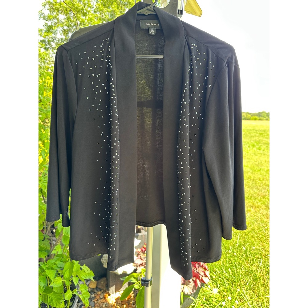 R&M‎ Richards Women's XL Black Rhinestone Open Front Cardigan Shawl Collar USA